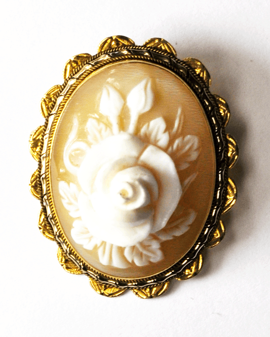 Antique 18k Gold Rose Flower Cameo Brooch Pin Carved Floral 25mm X 31mm