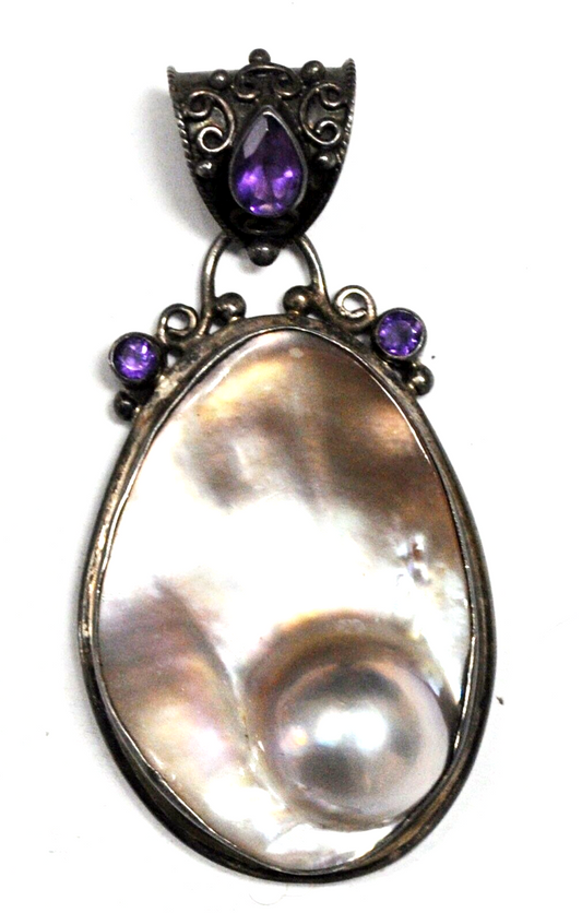 Sterling SJ925 Oval MOP Amethyst Ornate Large 9mm Bale Pendant 37mm x 2-3/4"