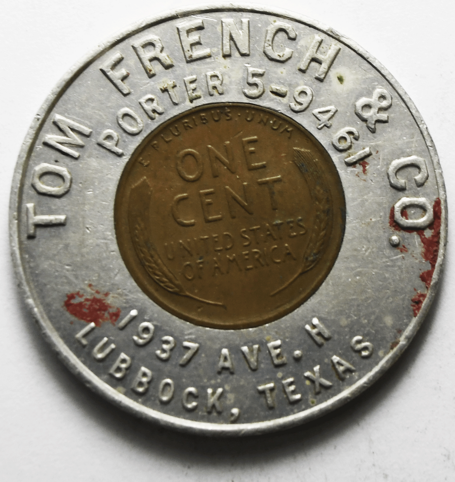 1955  D Wheat Cent 1c Encased Penny Tom French & Co Lubbock Texas