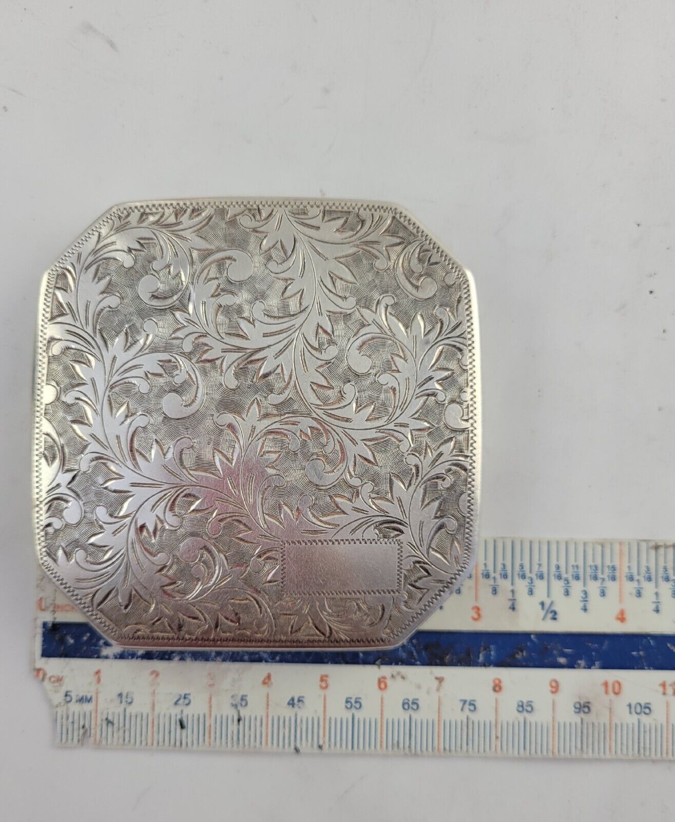 950 Sterling Silver 2 7/8" Octagon Mirror Make-Up Compact Hand Chased