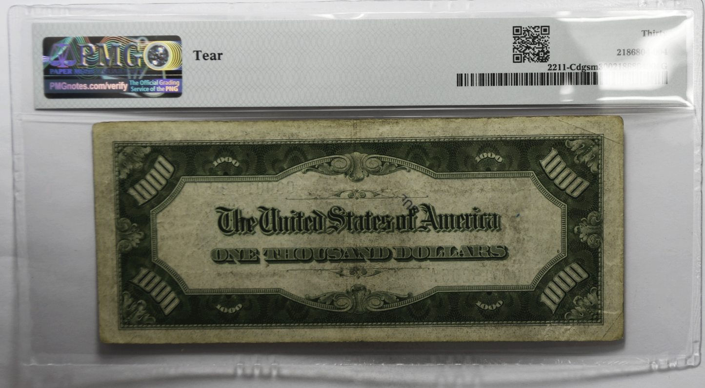 1934 $1000 Federal Reserve Note C00018205A Fr#2211C DGS Mule PMG 30 Tear