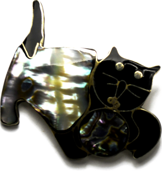 Silver Plated Black Cat MOP Inlay Alpaca Brooch Pin 45mm x 33mm