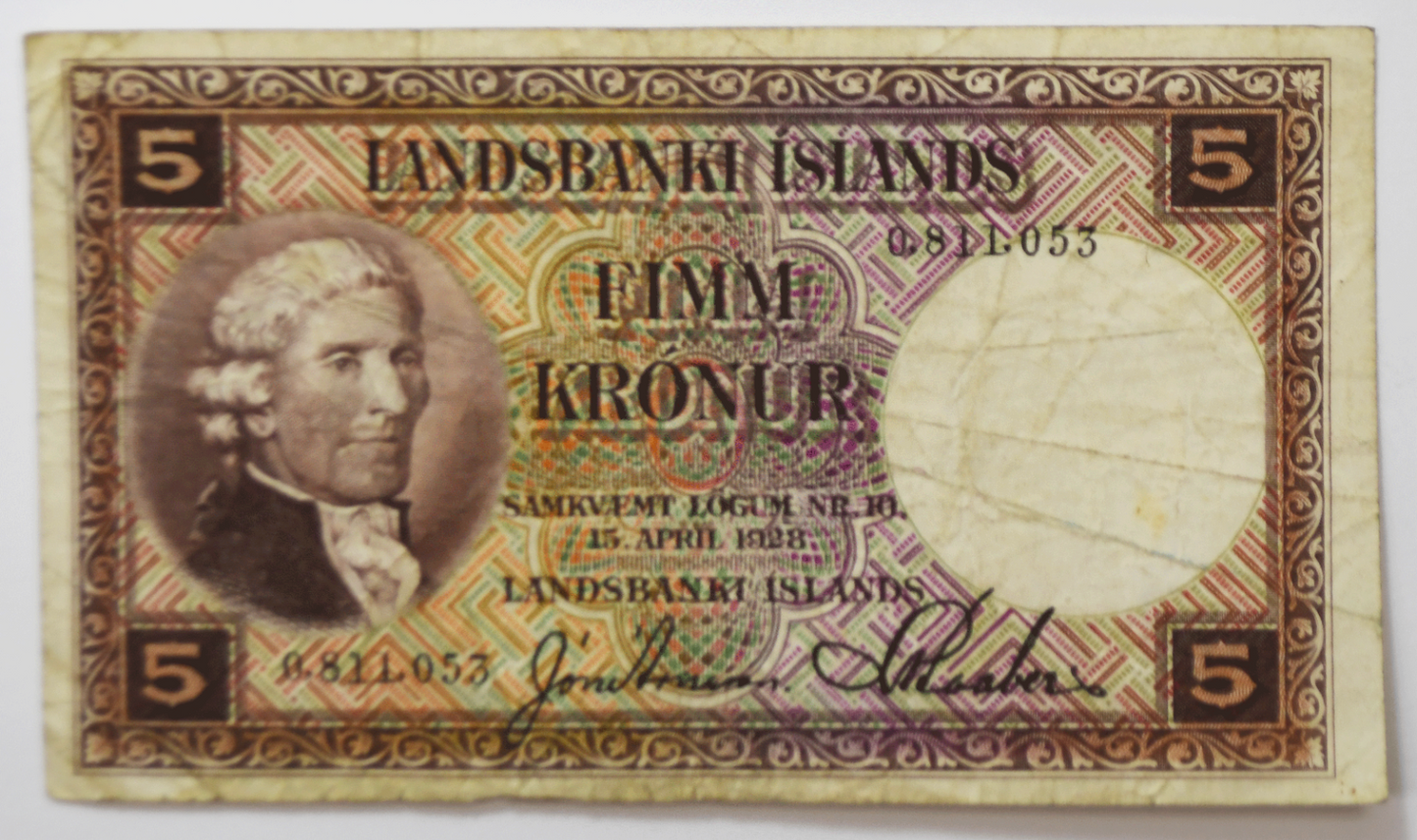 1928 Landsbanki Islands Iceland Fimm 5 Kronur Note 0.811.053