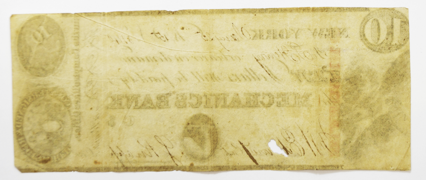 1845 $10 Mechanics Bank Obsolete Note Countersigned & Registered HEL&HUD Canal