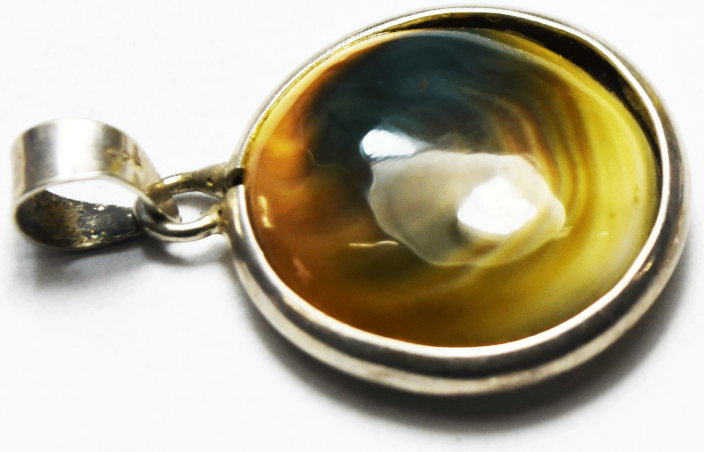 Sterling Silver Operculum Shell Spiral Green & Orange Round Pendant 36mm x 27mm
