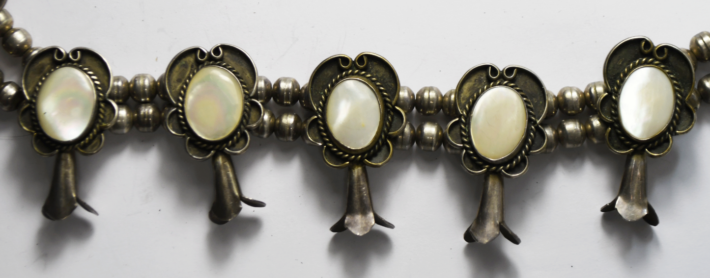 Coin Silver 26" Squash Blossom 3-5/8" Naja MOP 47mm Earrings 54mm Cuff Bracelet