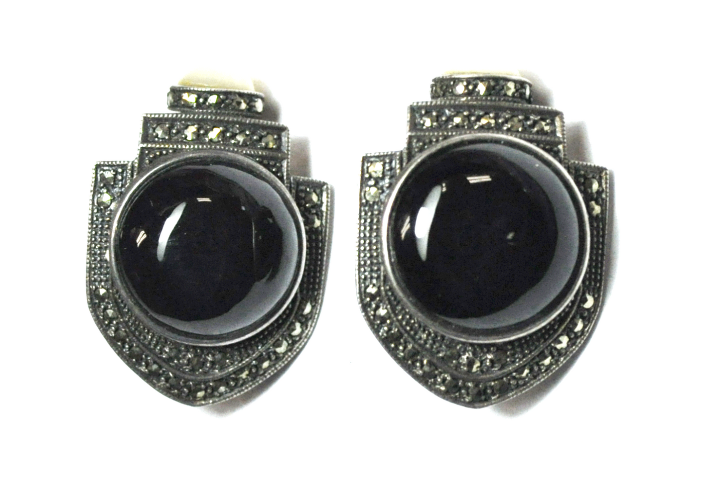 Sterling Silver Designer Signed Onyx Marcasite MOP Clip On Earrings 36mm x 25mm