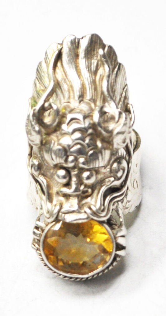 Sterling Silver PTI Nepal Citrine in Dragon's Mouth Ring 42mm Size 8