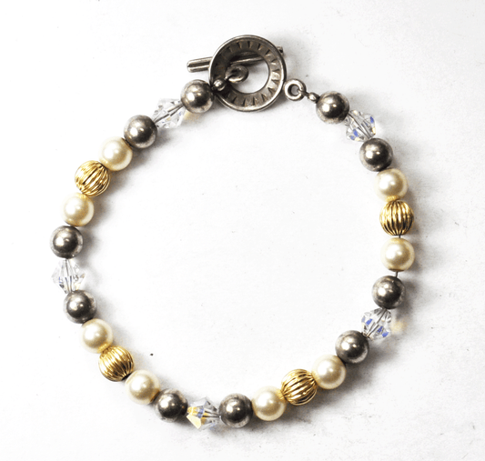 Silver Plate Round Clear Gold Silver Pearl Toggle Bracelet 6mm 7" Sterling
