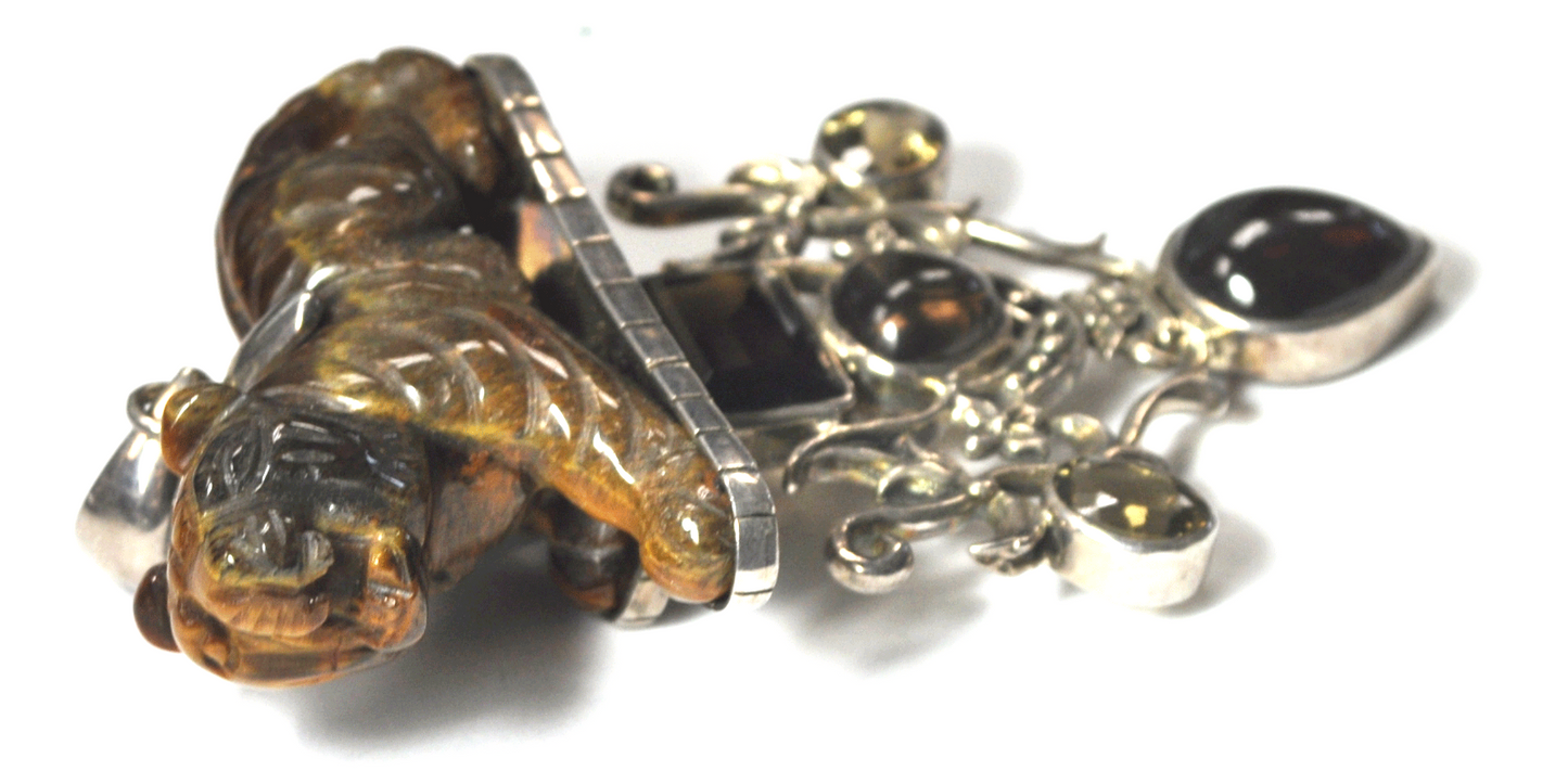 Sterling Tiger Carved Tiger's Eye Quartz Large Pendant 3-3/4" x 51mm Floral Vine
