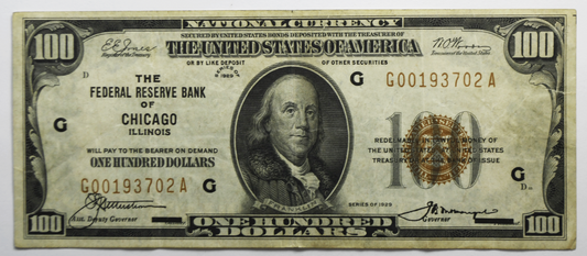 1929 $100 Hundred Bill FRBN Federal Reserve Bank Note Chicago G00193702A