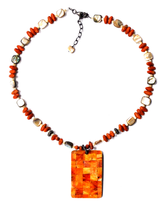 Sterling Spiny Oyster Inlay 50mm Reversible Pendant 8mm Bead Necklace 18"