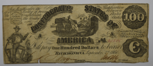 1861 $100 One Hundred Dollars Confederate States of America Note CS-13