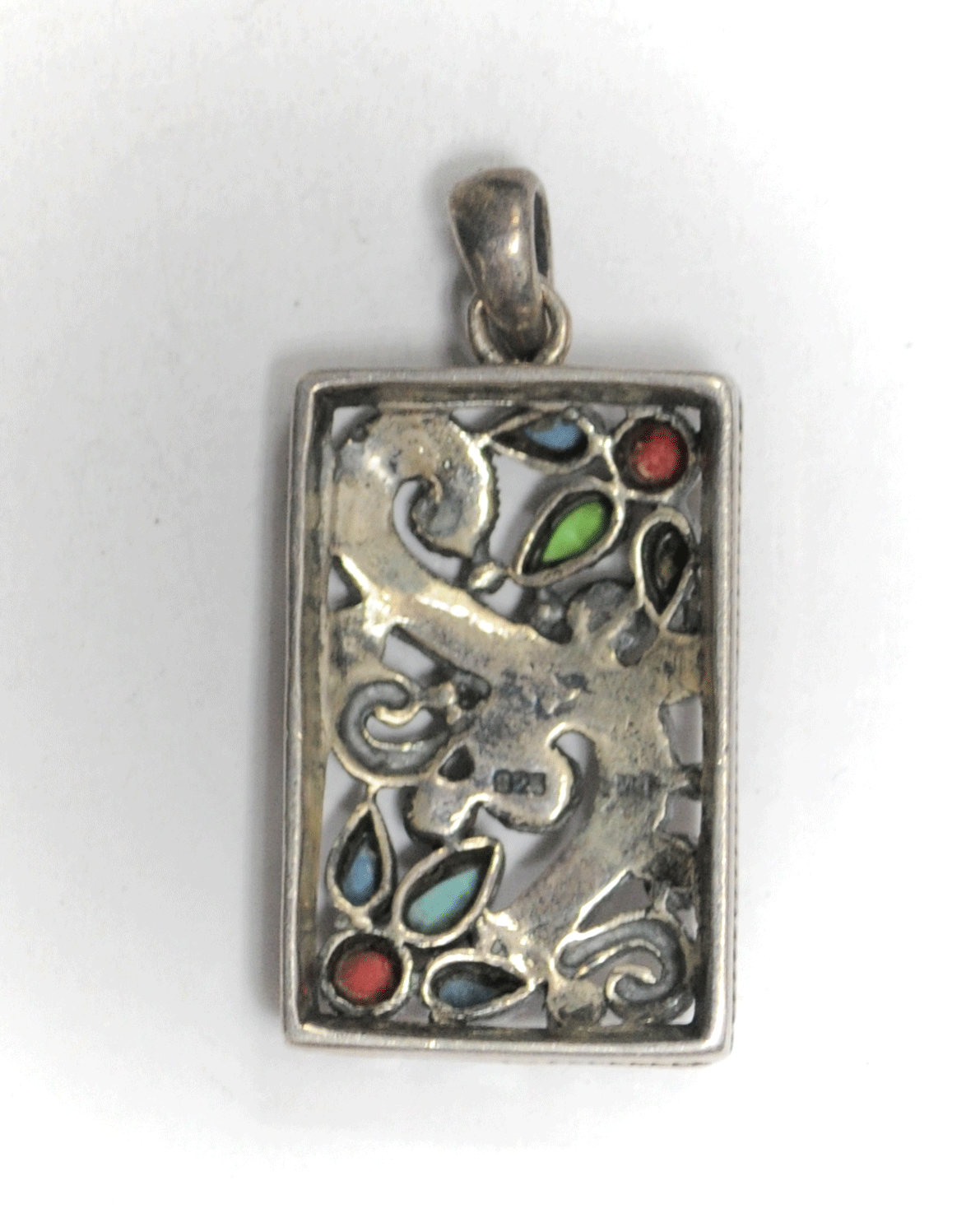 Sterling Silver Multi Color Stone Red Green Blue Marcasite Filigree 21mm x 44mm