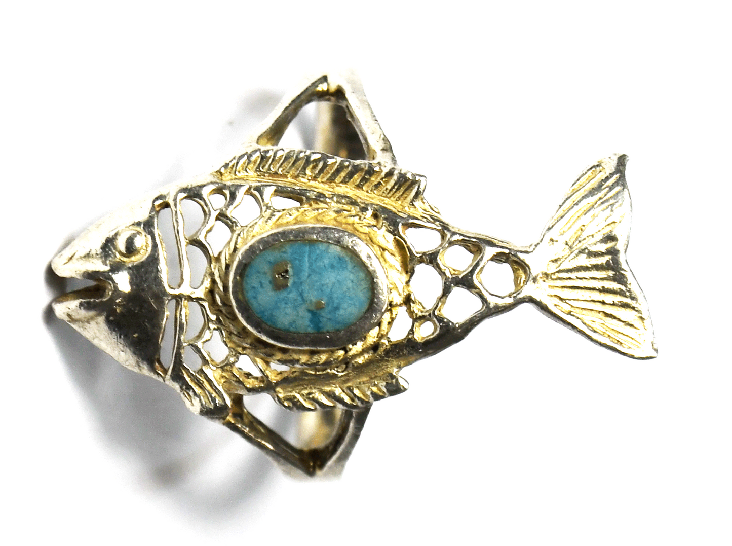 Sterling Silver Fish Filigree Blue Plastic Oval Ring 29mm Size 8.5