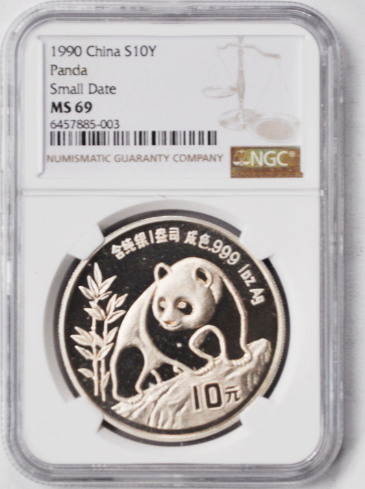 1990 China 10Y Ten Yuan Silver Panda Small Date NGC MS69 .999 1oz