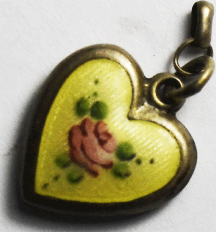 Sterling Vintage Lamode Guilloche Enamel Rose Puffy Heart Charm 18mm x 16mm