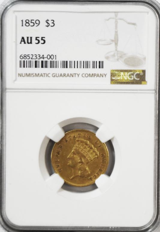 1859 $3 Indian Princess Three Dollars Gold Philadelphia NGC AU55