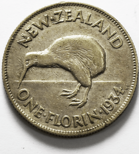 1934 New Zealand One Florin Silver Coin  KM# 4