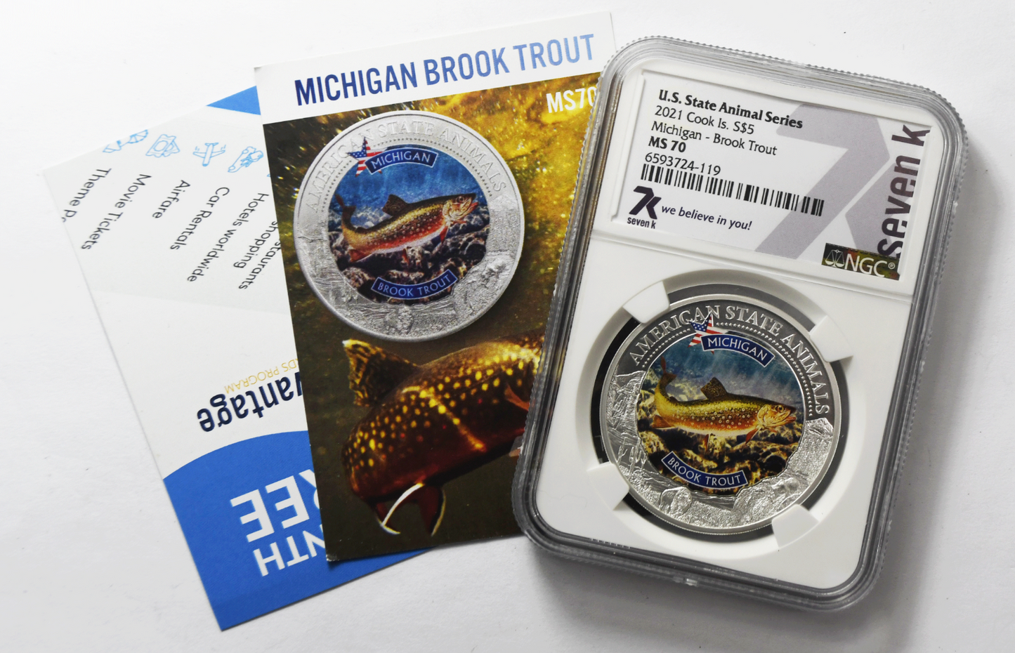 2021 $5 Cook Is Animal Series 7k w Card NGC MS70 Michigan Brook Trout
