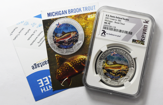 2021 $5 Cook Is Animal Series 7k w Card NGC MS70 Michigan Brook Trout