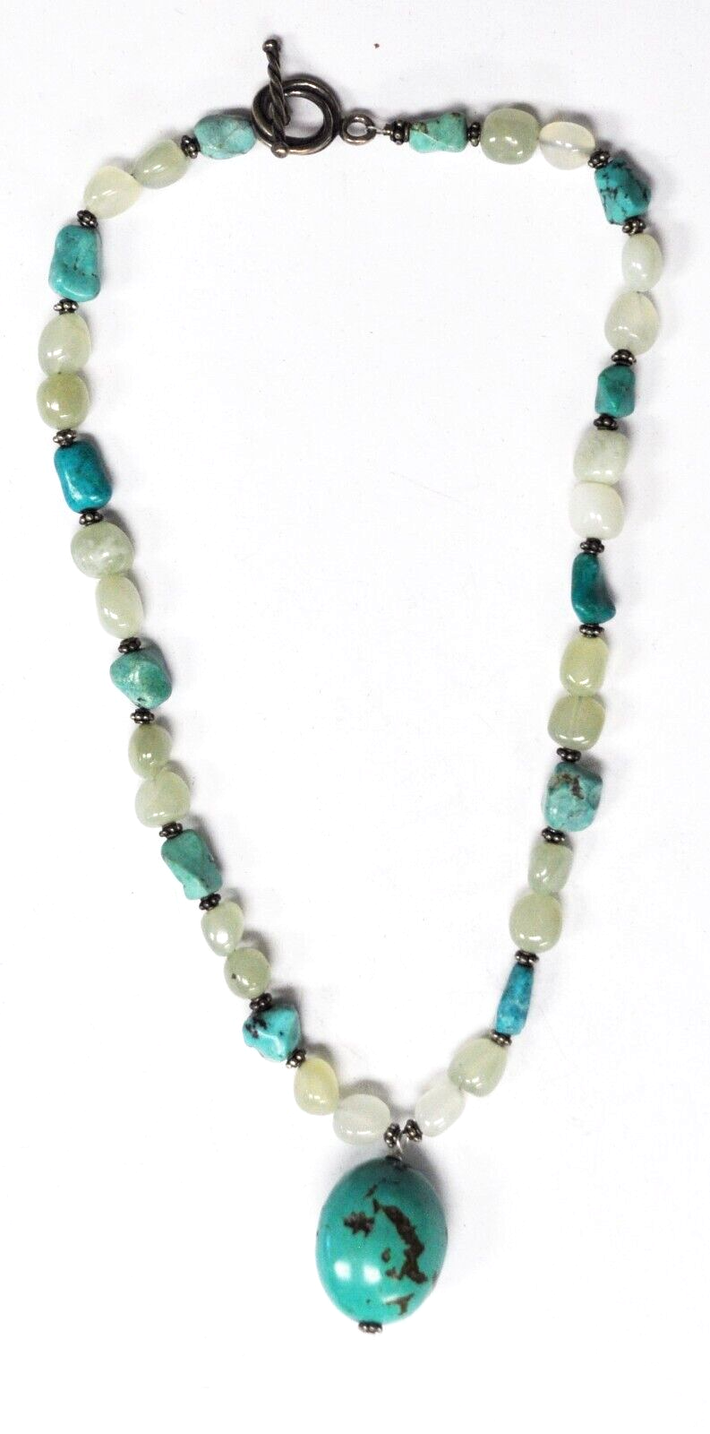 Sterling Silver 30mm Turquoise Egg Pendant Chunk Bead Toggle Necklace 17"
