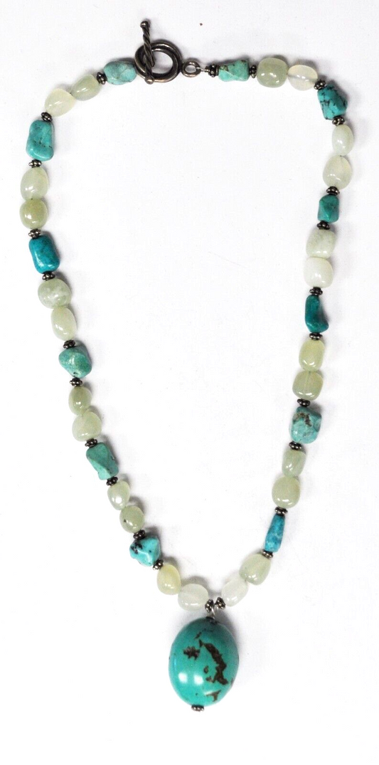 Sterling Silver 30mm Turquoise Egg Pendant Chunk Bead Toggle Necklace 17"