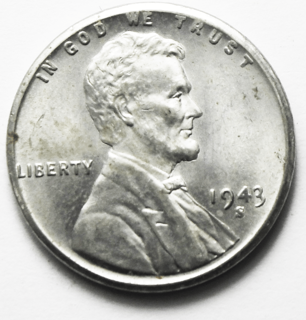 1943 S 1c Lincoln One Cent Wheat Cent San Francisco Uncirculated Steel Cent