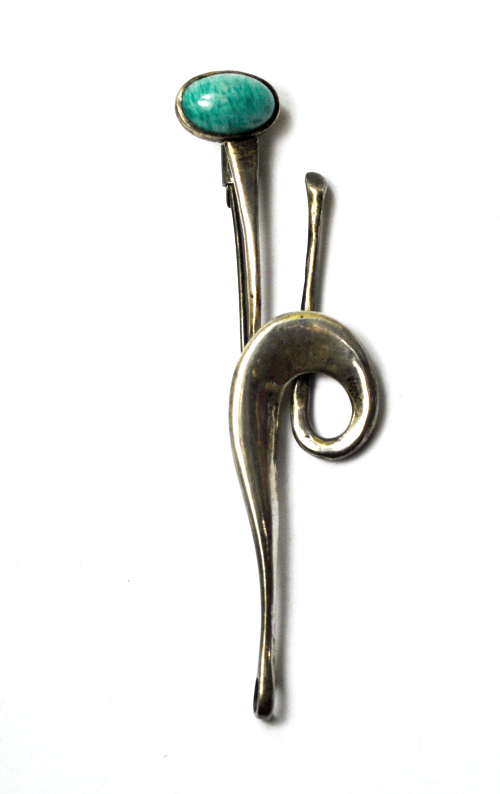 Sterling Silver Amazonite Blue Oval Long Vintage Brooch Pin Abstract 3-5/8"