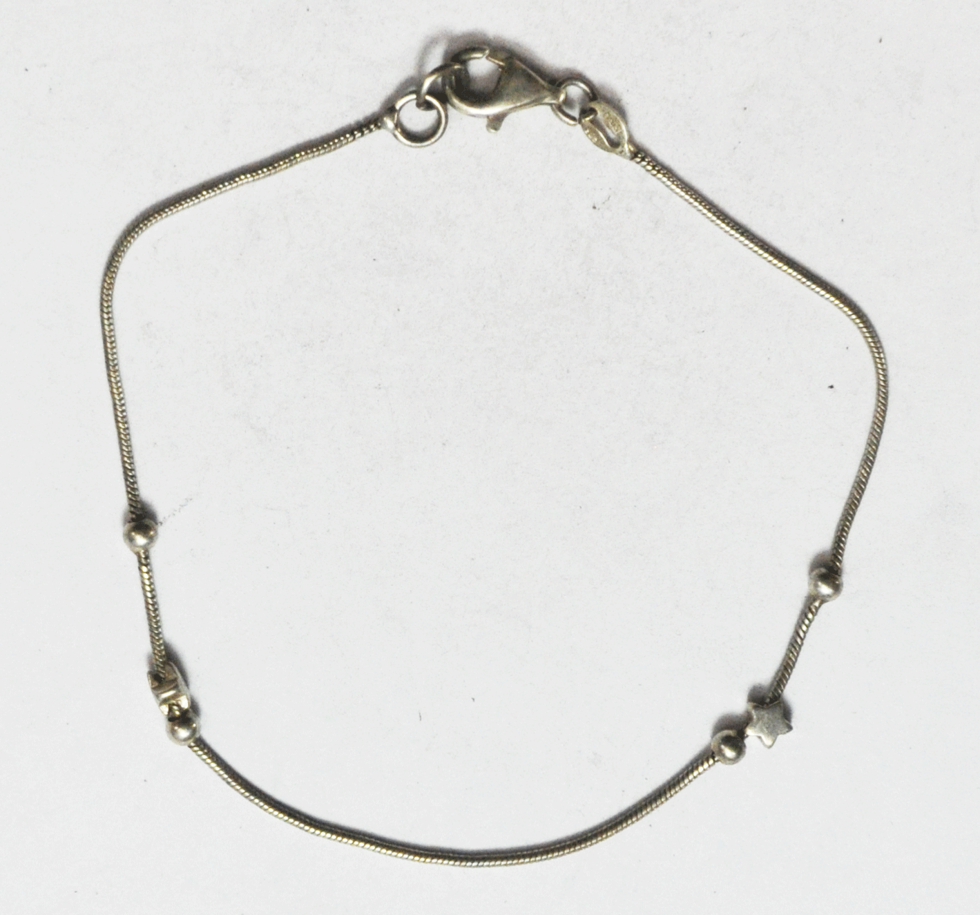 Sterling Silver Cocoon Snake Chain 1mm Bracelet 4mm Star Beads 8-1/4"   3.1g