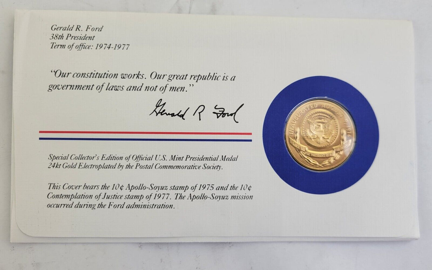Gerald R Ford Presidential Covers Medal Postal Commemorative Society Gold Plated