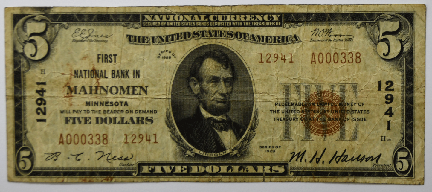 1929 $5 Five Dollars National Currency Note 12941 Mahnomen Minnesota A000338