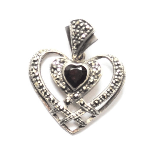 Sterling Silver Red CZ Heart Marcasite Lace Halo Pendant 30mm x 24mm x 3mm