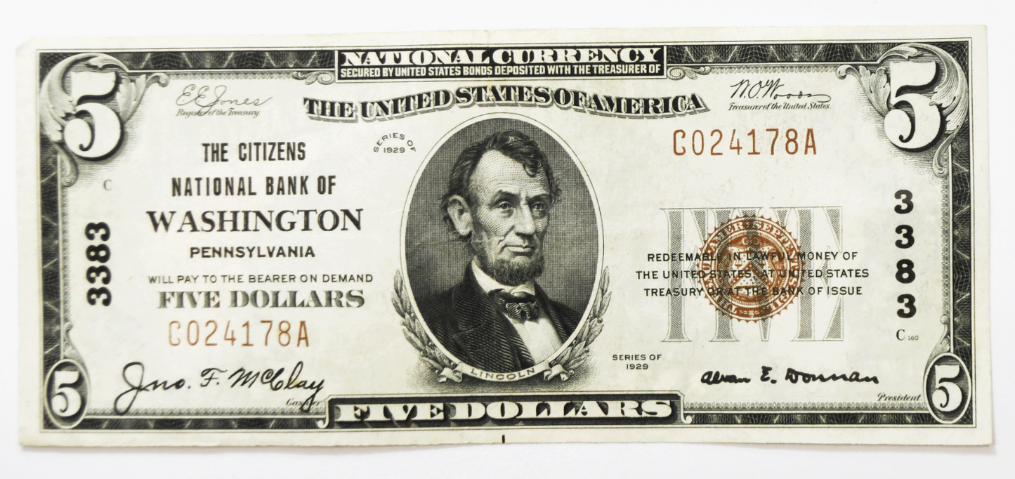 1929 $5 Five Dollars National Currency Note 3383 Washington PA C024178A