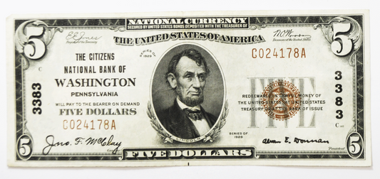 1929 $5 Five Dollars National Currency Note 3383 Washington PA C024178A