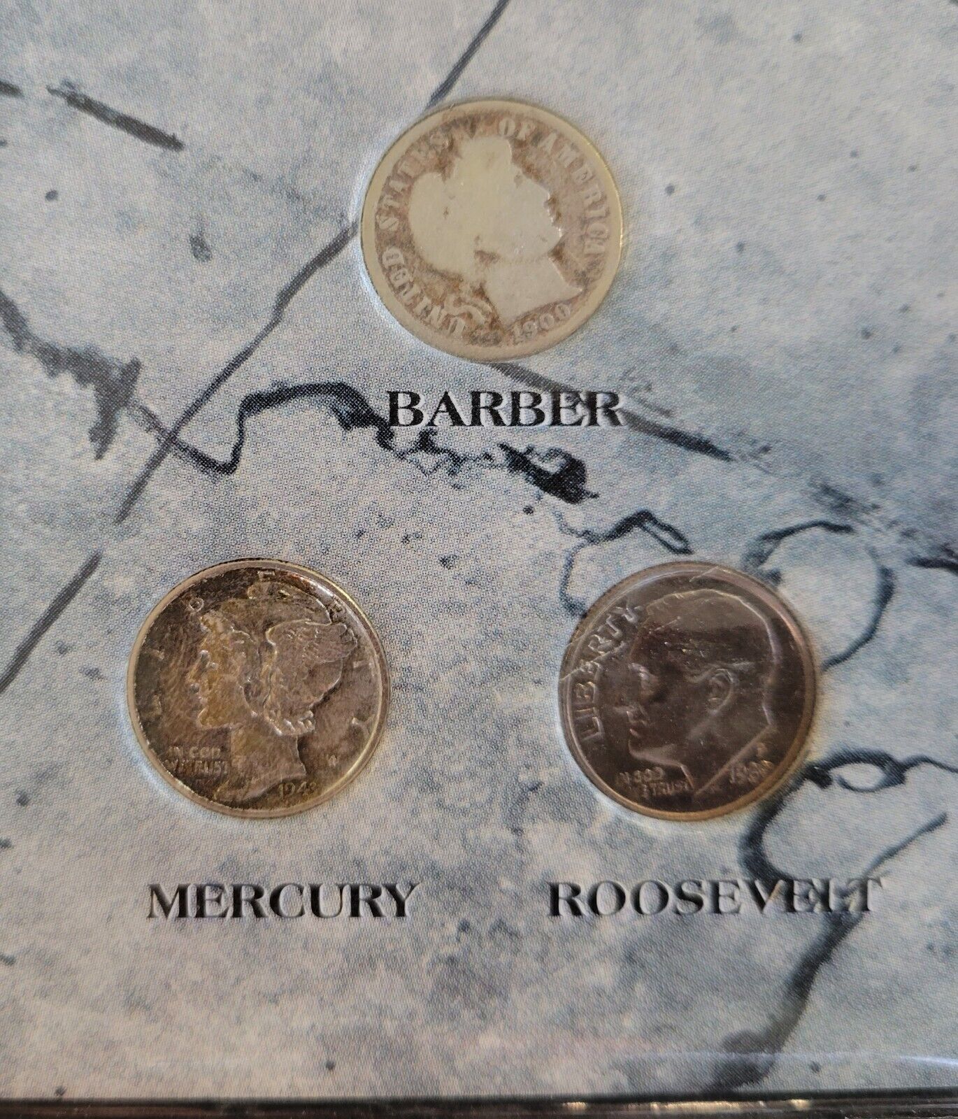 Dimes Of The 20th Century Barber, Mercury, Roosevelt 3 Coin Set 1900, 1943, 1989