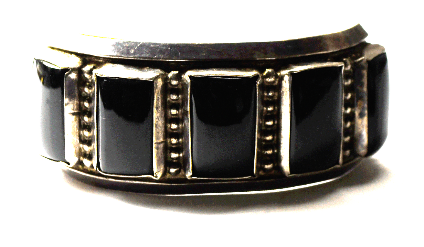 Antique Sterling 3 Bar Sandcast Rectangle Onyx Cuff Bracelet 6" Wrist 51g