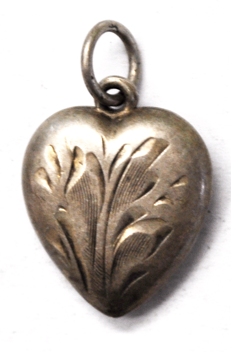 Antique  Sterling Silver Floral Engraved Puffy Heart Charm 19mm x 15mm Mono