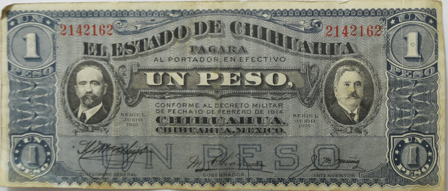 1915 Mexico Chihuahua One Peso Blue Large Note 2142162