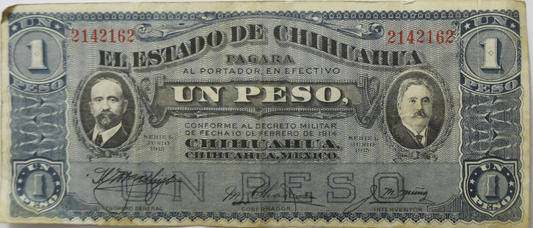 1915 Mexico Chihuahua One Peso Blue Large Note 2142162