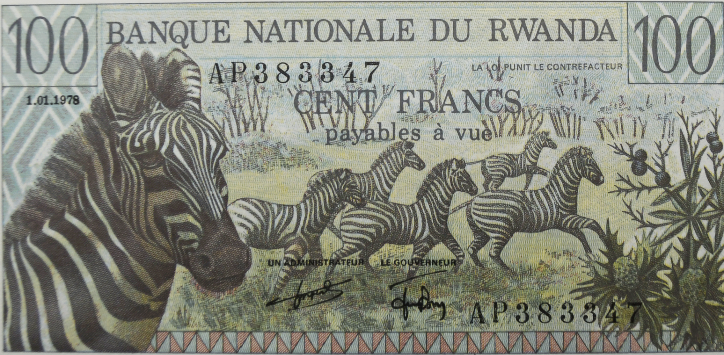 1978 Rwanda 100 Francs Bank Note Uncirculated AP383347 Zebra