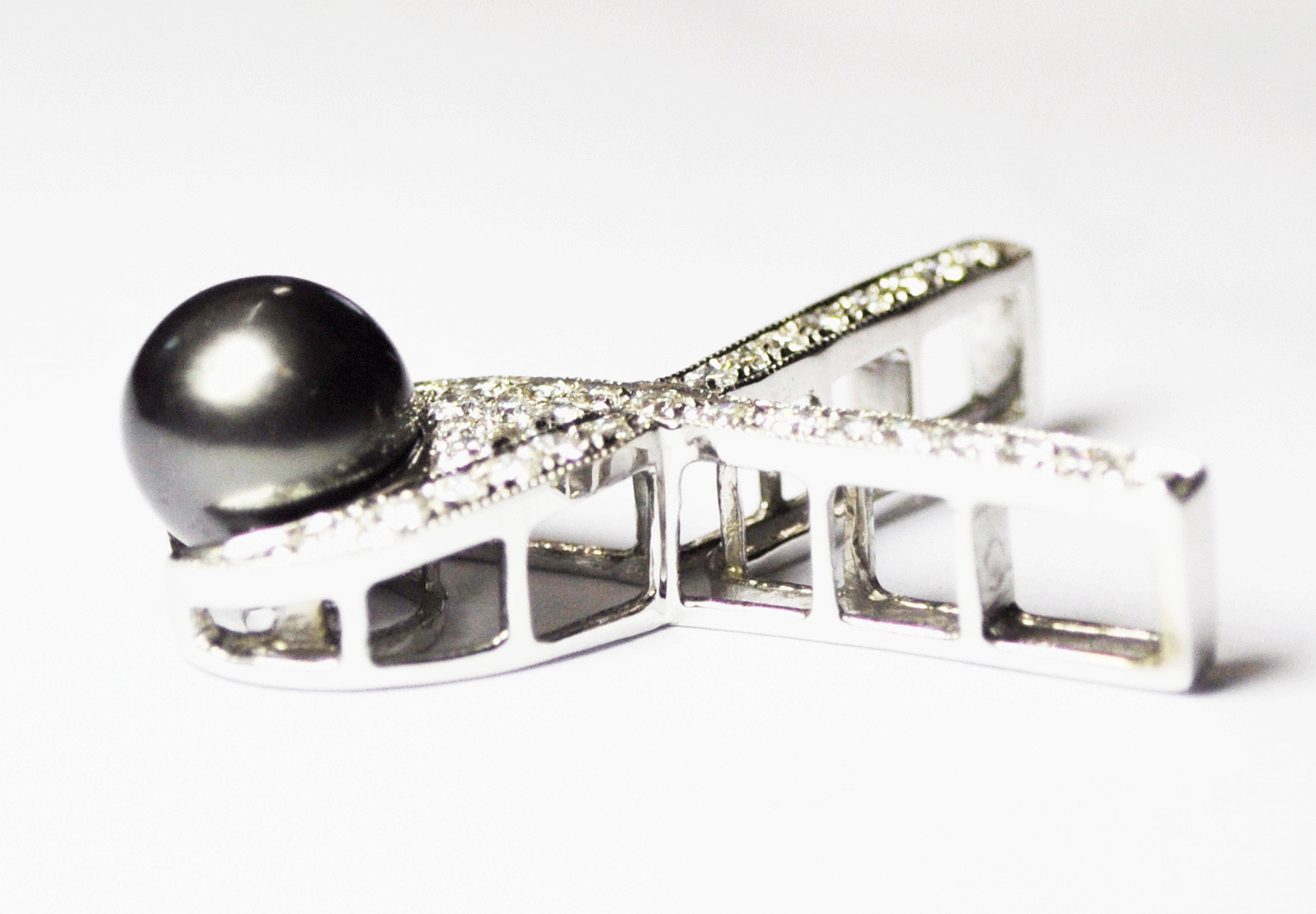 14k White Gold SBT Diamond 10mm Black Tahitian Pearl X Slide Pendant Enhancer