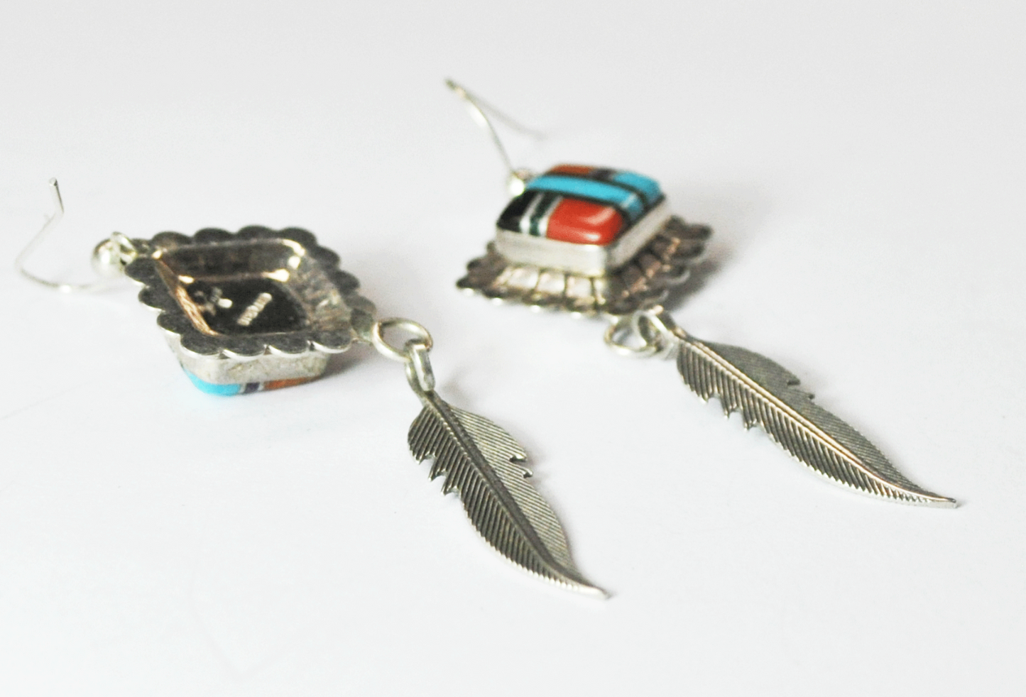 Sterling Square Inlay Earrings Feather Dangle Hook 2-5/8" x 20mm Signed W Rays