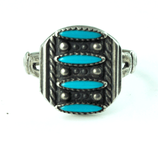 Antique Sterling Silver Rice Stripe Turquoise Shield Dot Ring 14mm Size 6-3/4
