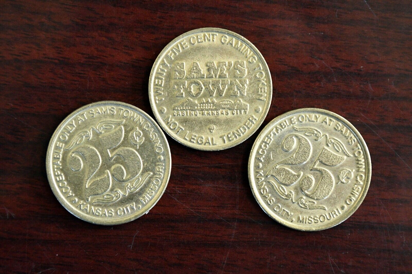 (3) Sam's Town Twenty Five Cent Slot Gaming Token Kansas City Mo.