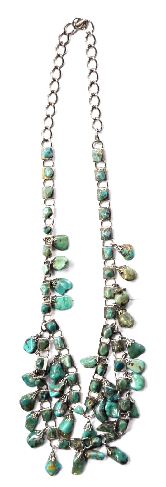 Silver Plate Turquoise Chunk Dangle Cha Cha 2 Tier 30" Necklace