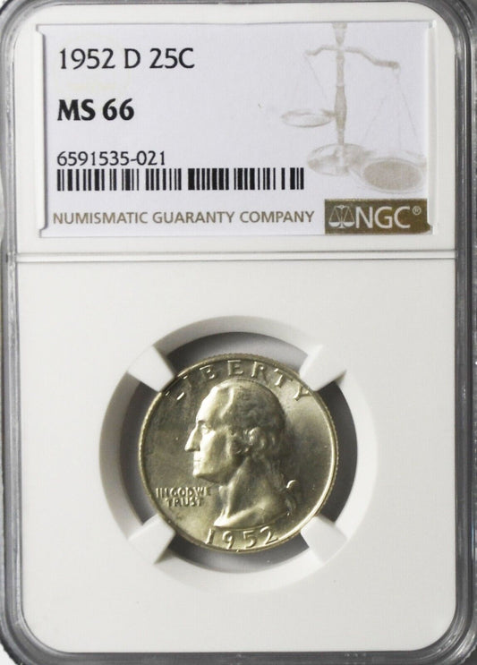 1952 D 25c Washington Silver Quarter Dollar NGC MS66