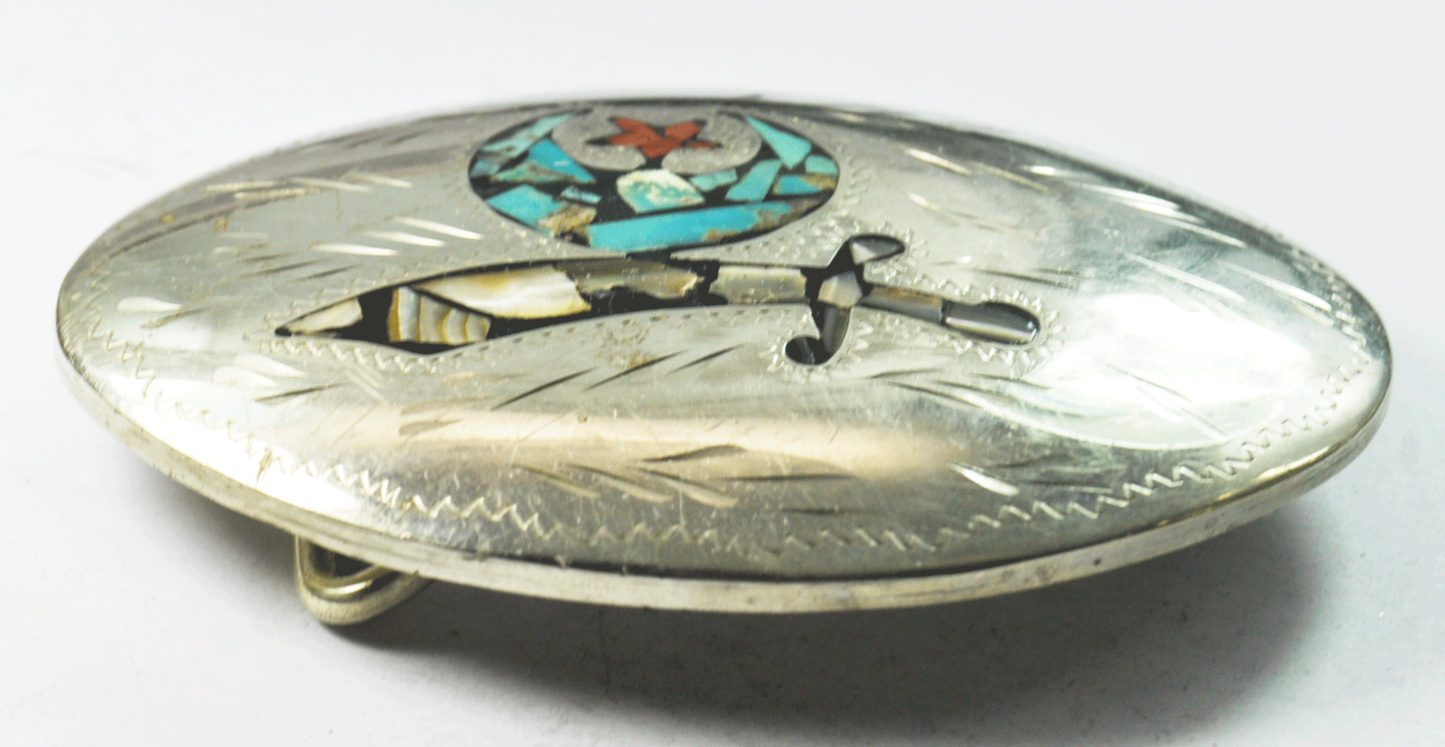 Nickel Silver Kay Johnson Shriner Turquoise Coral Inlay Belt Buckle 3.75"