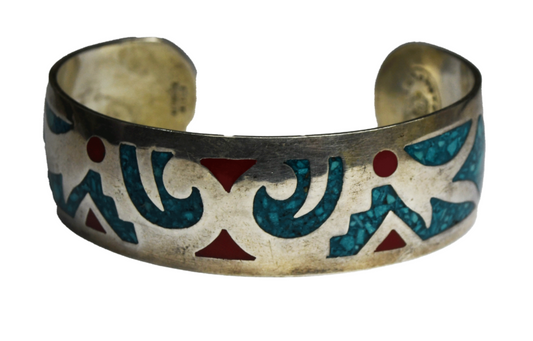 Sterling Silver Chip Inlay Turquoise Red Enamel Cuff Bracelet  19mm 7" Wrist