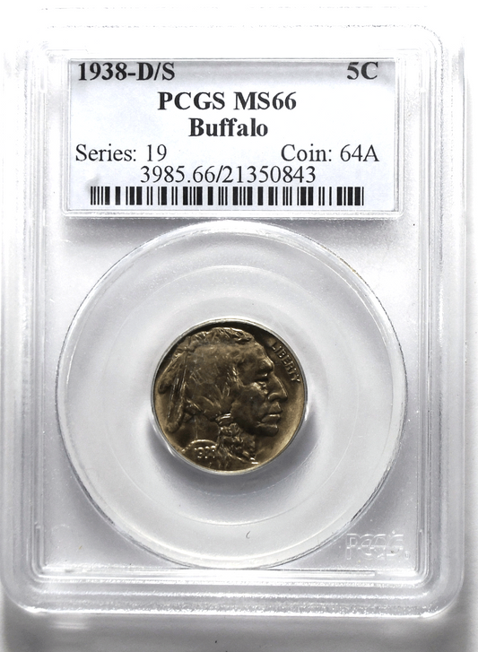 1938 D/S 5c Buffalo Nickel Rare Five Cents Denver PCGS MS66 FS-511
